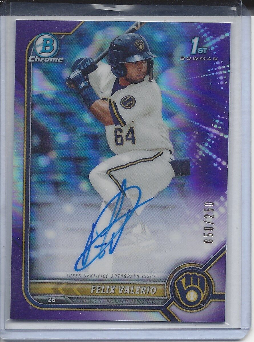 FELIX VALERIO 2022 BOWMAN CHROME 1ST REFRACTOR PURPLE REFRACTOR AUTO #D 50/250