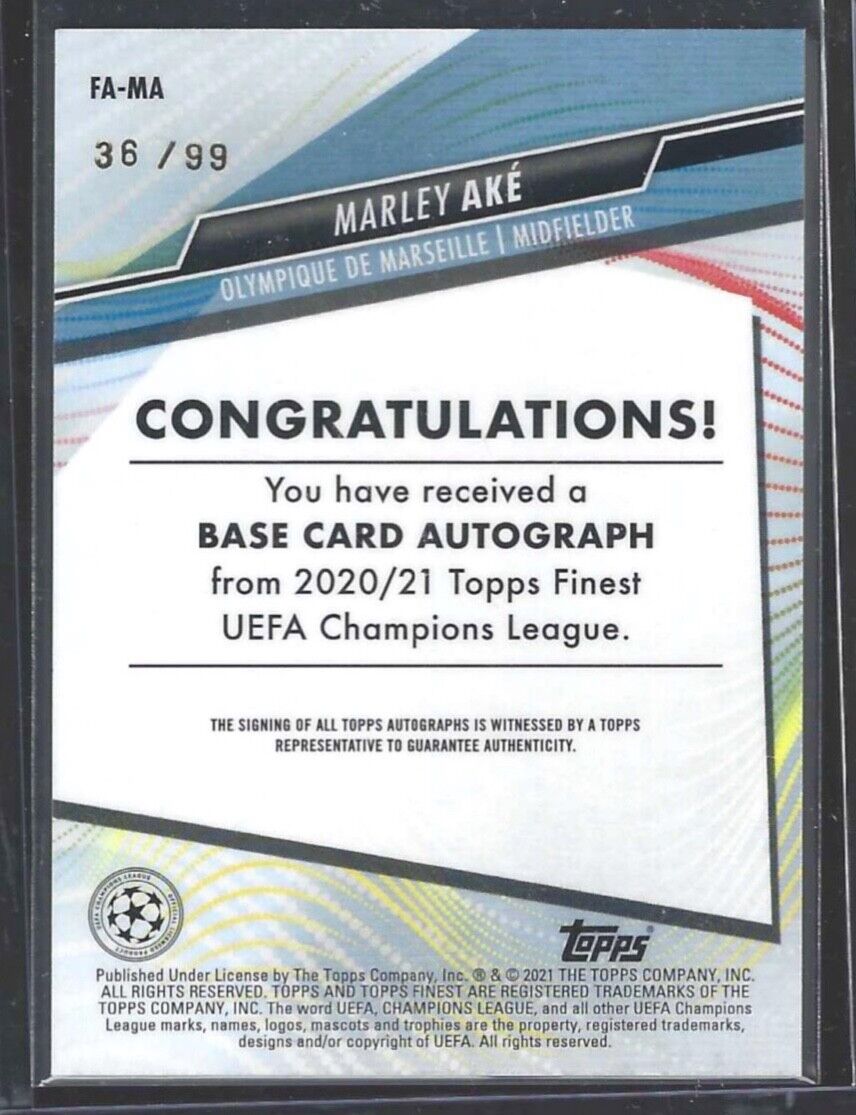 MARLEY AKE 2020-21 TOPPS FINEST UCL GREEN REFRACTOR ROOKIE AUTO RC #D 36/99