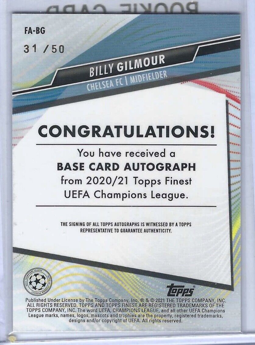 BILLY GILMOUR 2020-21 TOPPS FINEST UCL GOLD REFRACTOR ROOKIE AUTO RC #D 31/50