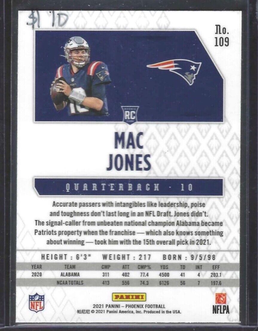 MAC JONES 2021 PANINI PHOENIX SILVER LAZER PRIZM ROOKIE RC #109