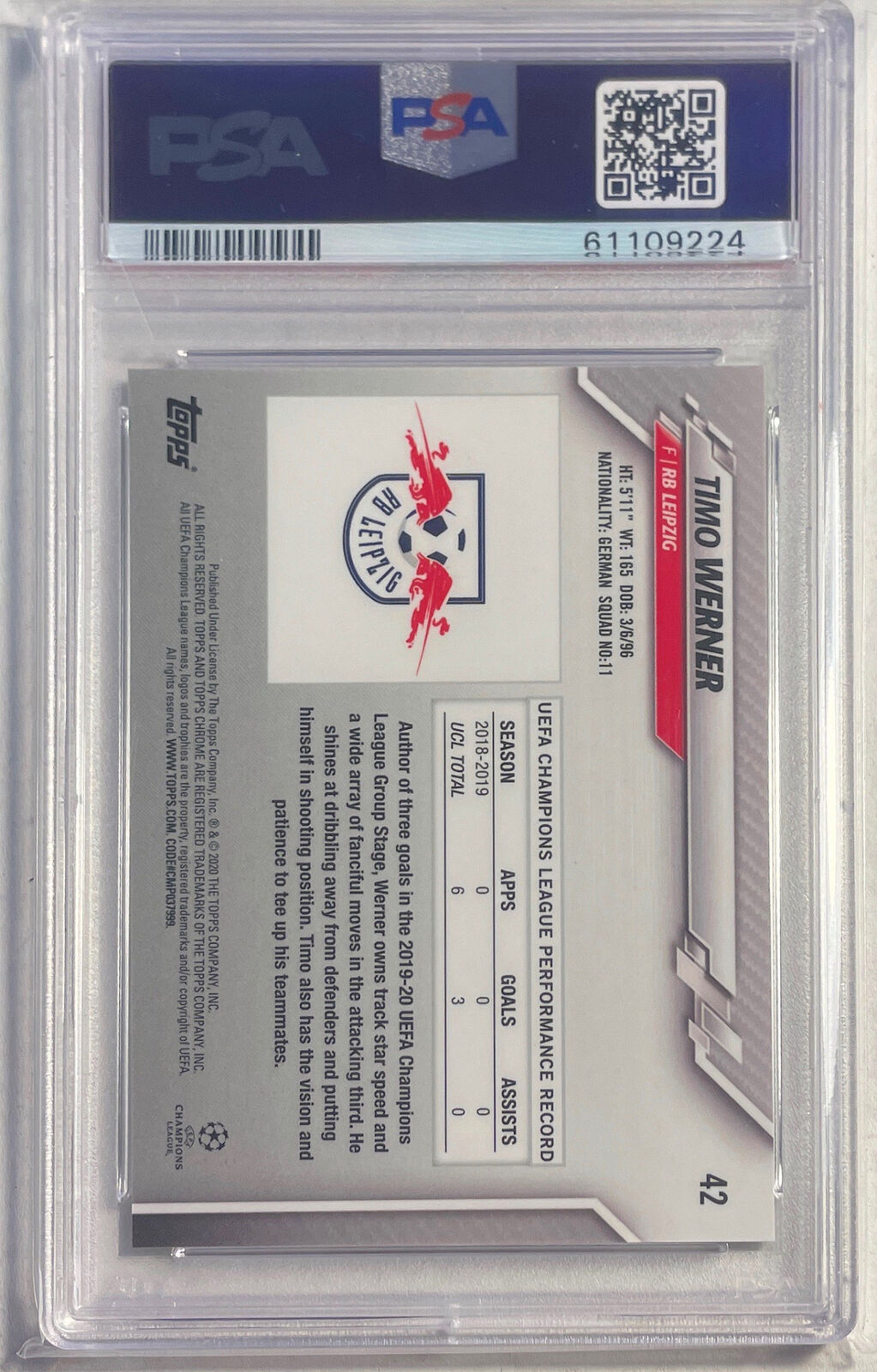 TIMO WERNER 2019-20 TOPPS CHROME UCL GREEN BUBBLES REFRACTOR #42 PSA 10 POP 4