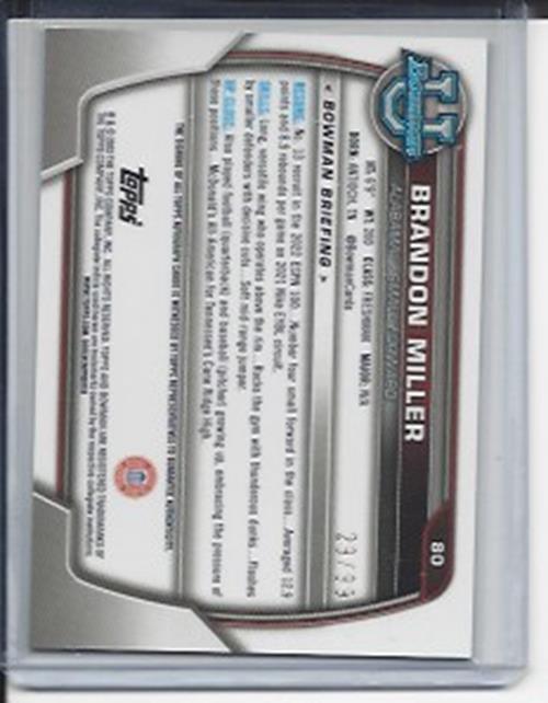 BRANDON MILLER 2023 BOWMAN CHROME 1ST UNIVERSITY GREEN REFRACTOR AUTO RC 29/99