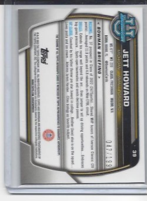 JETT HOWARD 2023 BOWMAN CHROME 1ST UNIVERSITY RAYWAVE REFRACTOR AUTO RC #D /199
