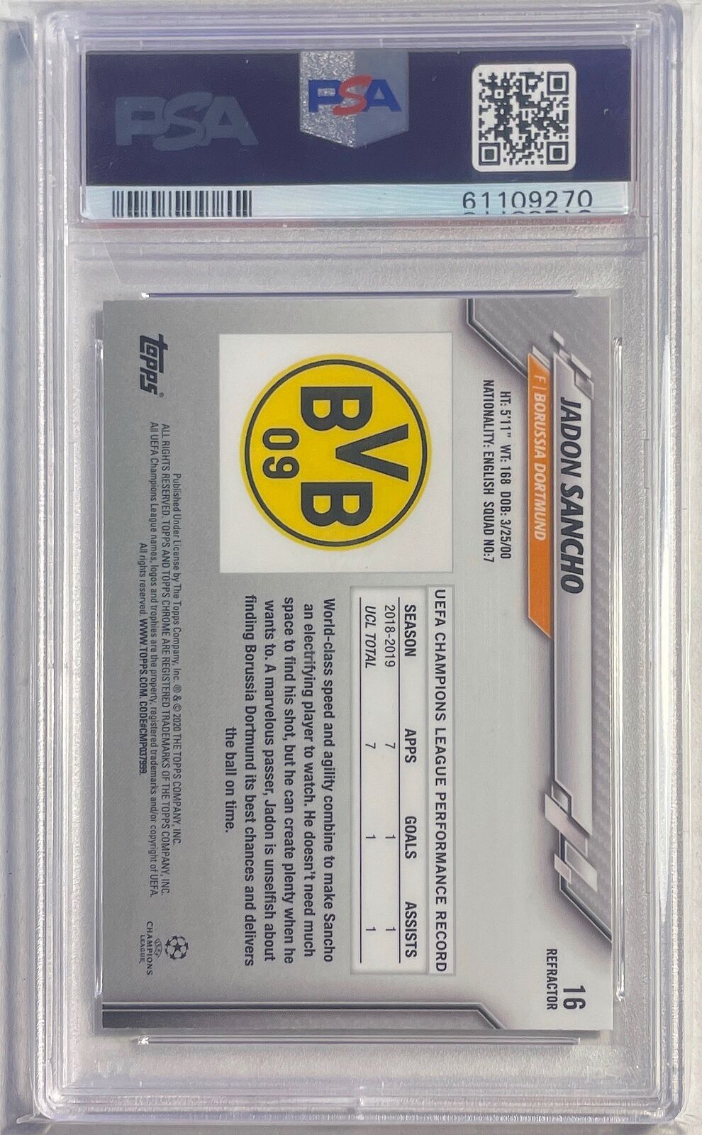 JADON SANCHO 2019-20 TOPPS CHROME UCL REFRACTOR #16 PSA 10 GEM MINT