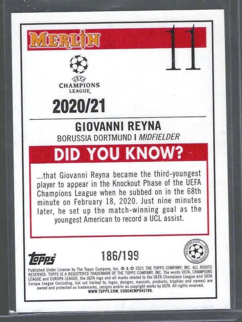 GIOVANNI REYNA 2020-21 TOPPS MERLIN CHROME UEFA AQUA REFRACTOR #D 186/199
