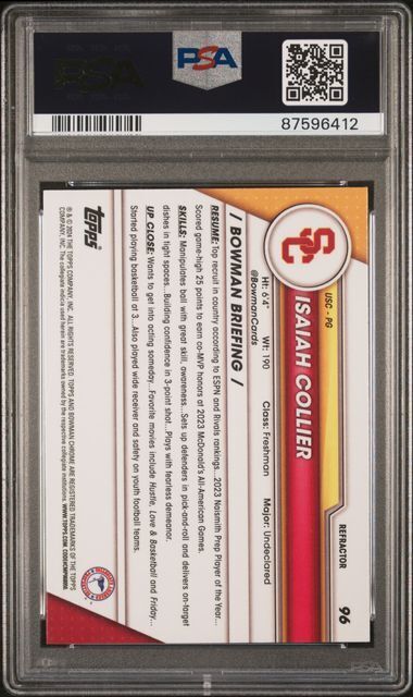 ISAIAH COLLIER 2023 BOWMAN UNIVERSITY CHROME REFRACTOR 1ST PSA 10 GEM POP 3