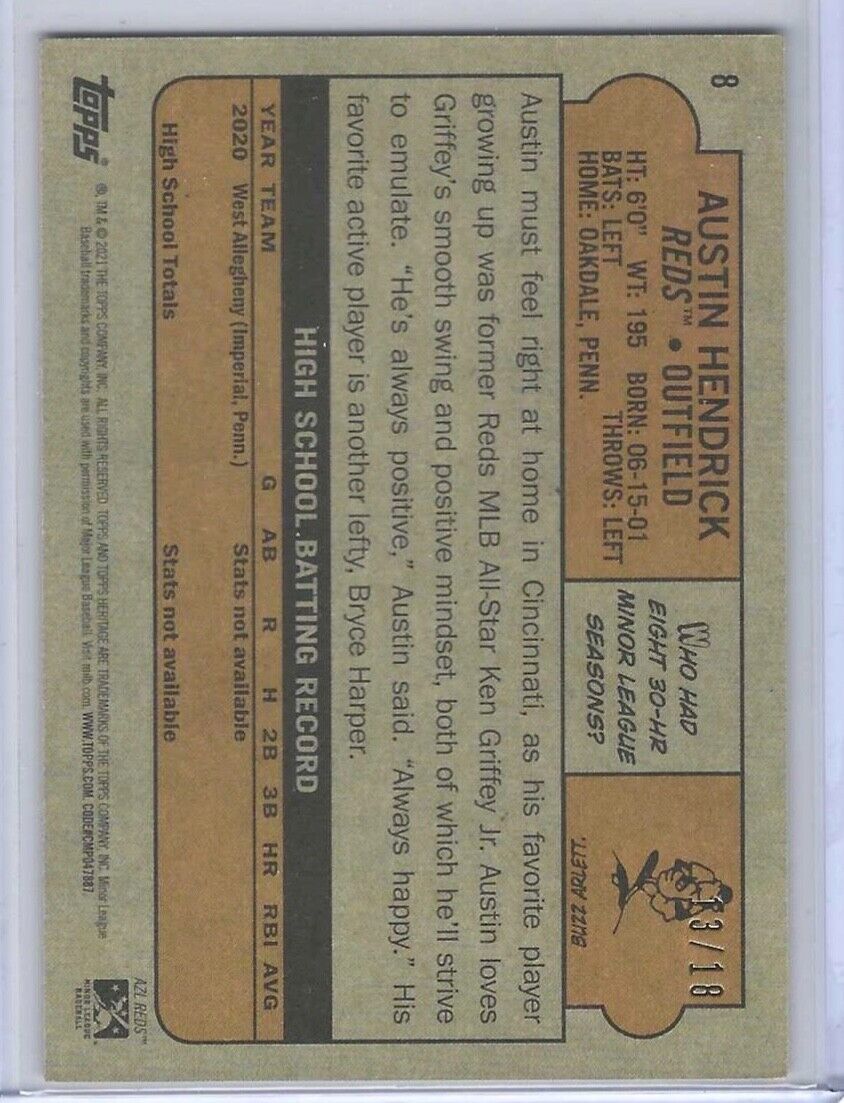 AUSTIN HENDRICK 2021 TOPPS HERITAGE MINORS GOLD REDS PROSPECT #D 13/18