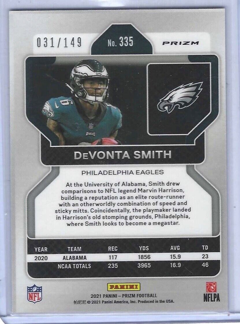 DEVONTA SMITH 2021 PANINI PRIZM RED WAVE PRIZMS ROOKIE RC #D 031/149