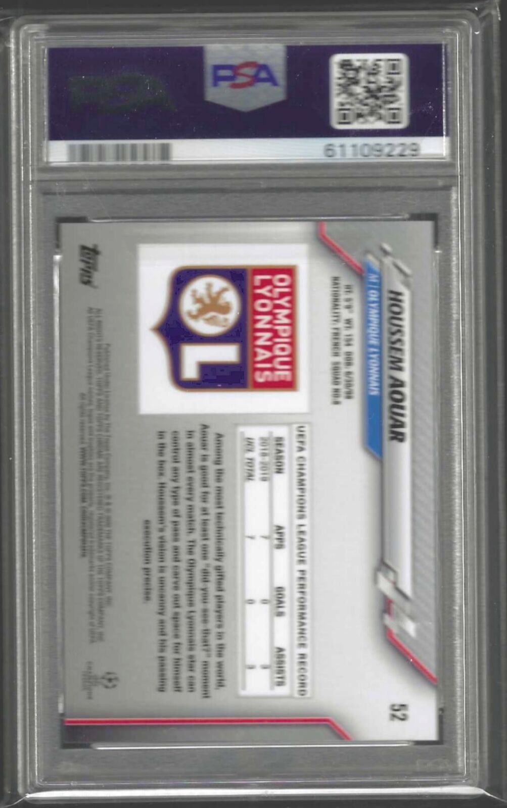 HOUSSEM AOUAR 2019-20 TOPPS CHROME SAPPHIRE EDITION REFRACTOR RC #52 PSA 10 GEM