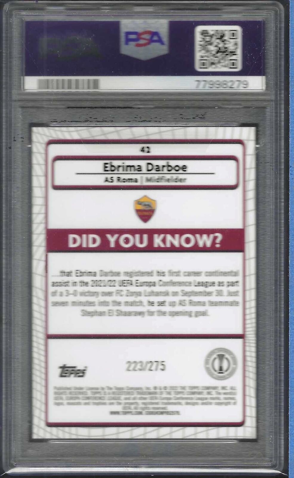 EBRIMA DARBOE 2021-22 TOPPS MERLIN PINK MOJO REFRACTOR /275 RC PSA 10 POP 1/1