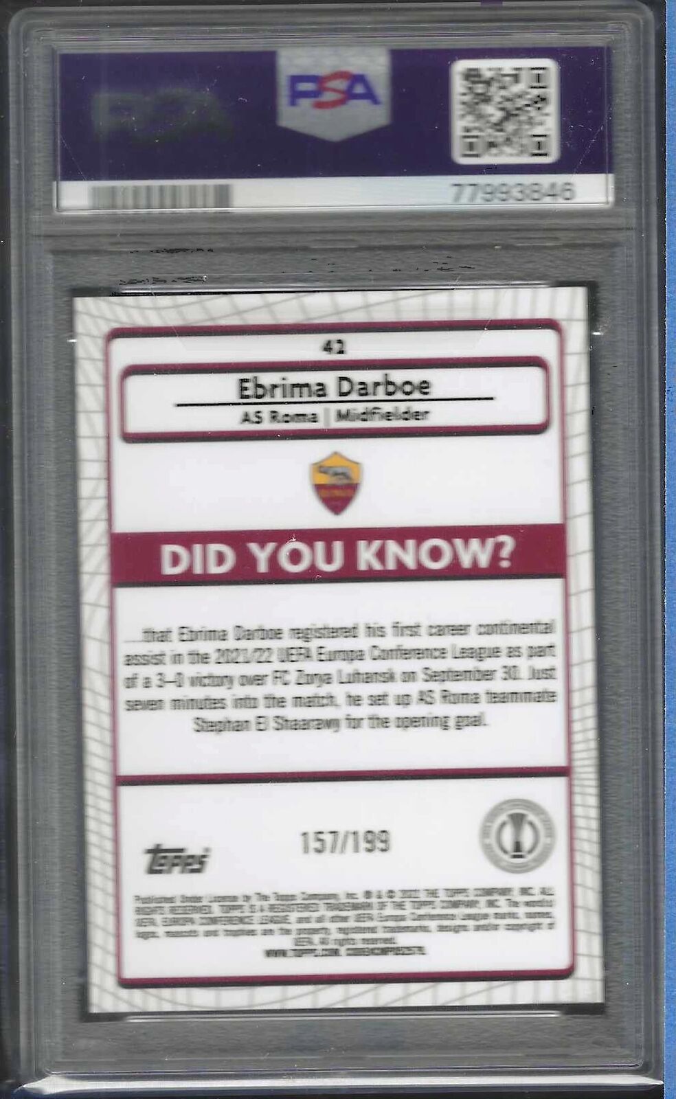 EBRIMA DARBOE 2021-22 TOPPS MERLIN AQUA REFRACTOR RC /199 PSA 10 GEM POP 1/1