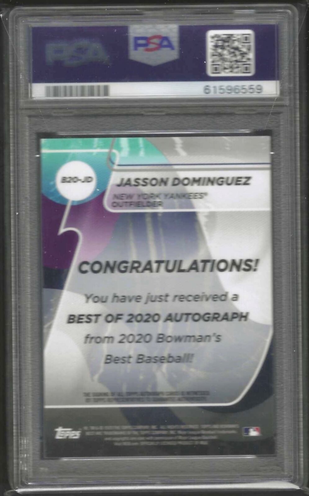 JASSON DOMINGUEZ 2020 BOWMAN BEST GREEN REFRACTOR PROSPECT AUTO /99 PSA 9 POP 12