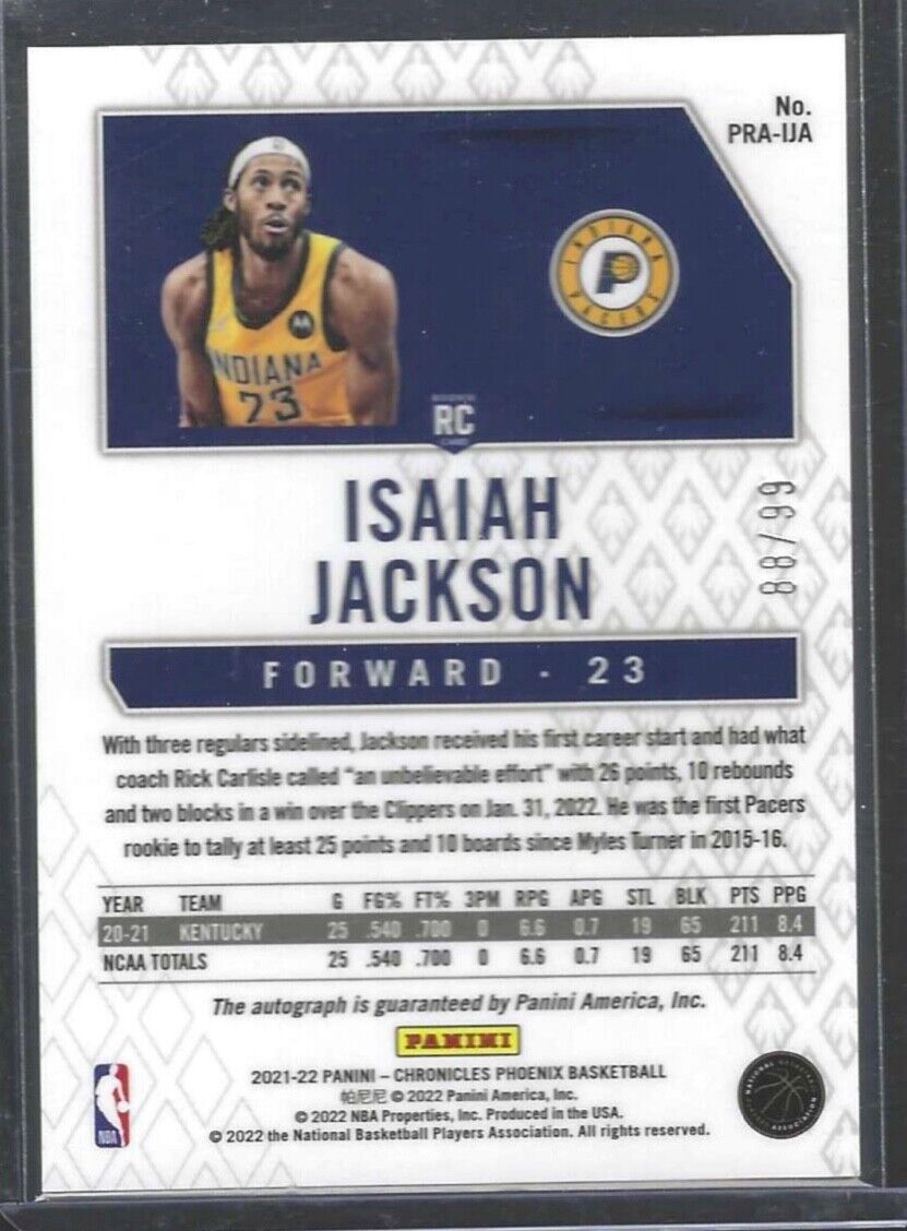 ISAIAH JACKSON 2021-22 PANINI CHRONICLES PHOENIX ROOKIE AUTO RC #D 88/99