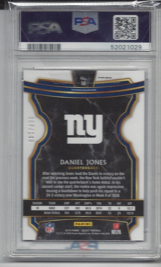 1/1 DANIEL JONES 2019 SELECT MAROON PRIZM RC #D 8/149 #8 JERSEY NUMBER 8 PSA 10