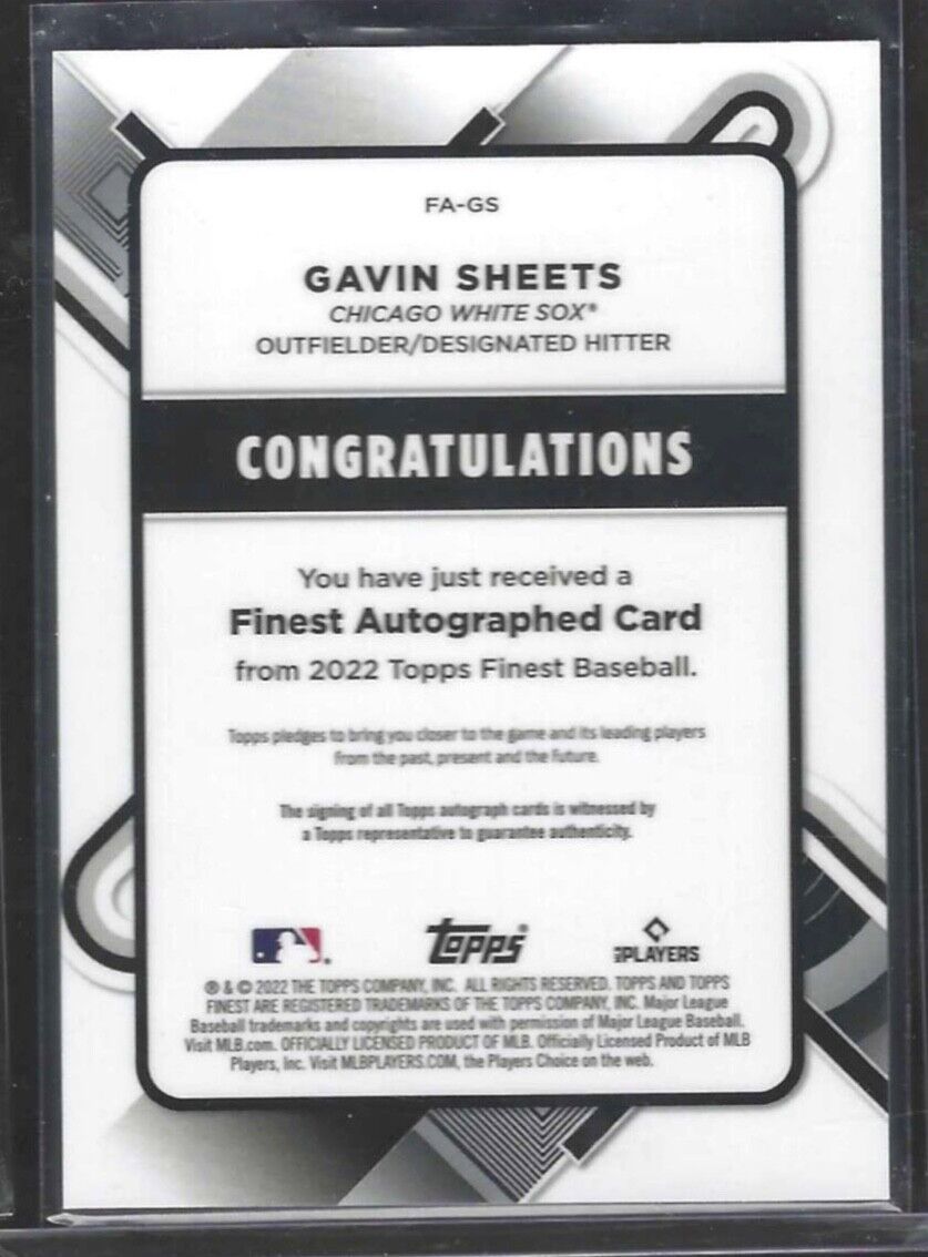 GAVIN SHEETS 2022 TOPPS FINEST BLUE REFRACTOR ROOKIE ON CARD AUTO RC #D 096/150