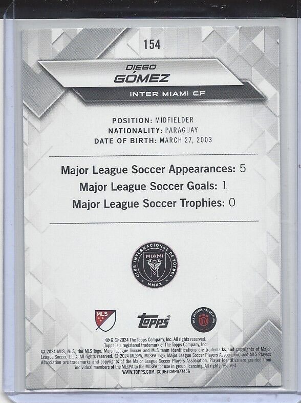 DIEGO GOMEZ 2024 TOPPS MLS SUPERSTARS GREEN UNCOMMON RC #154