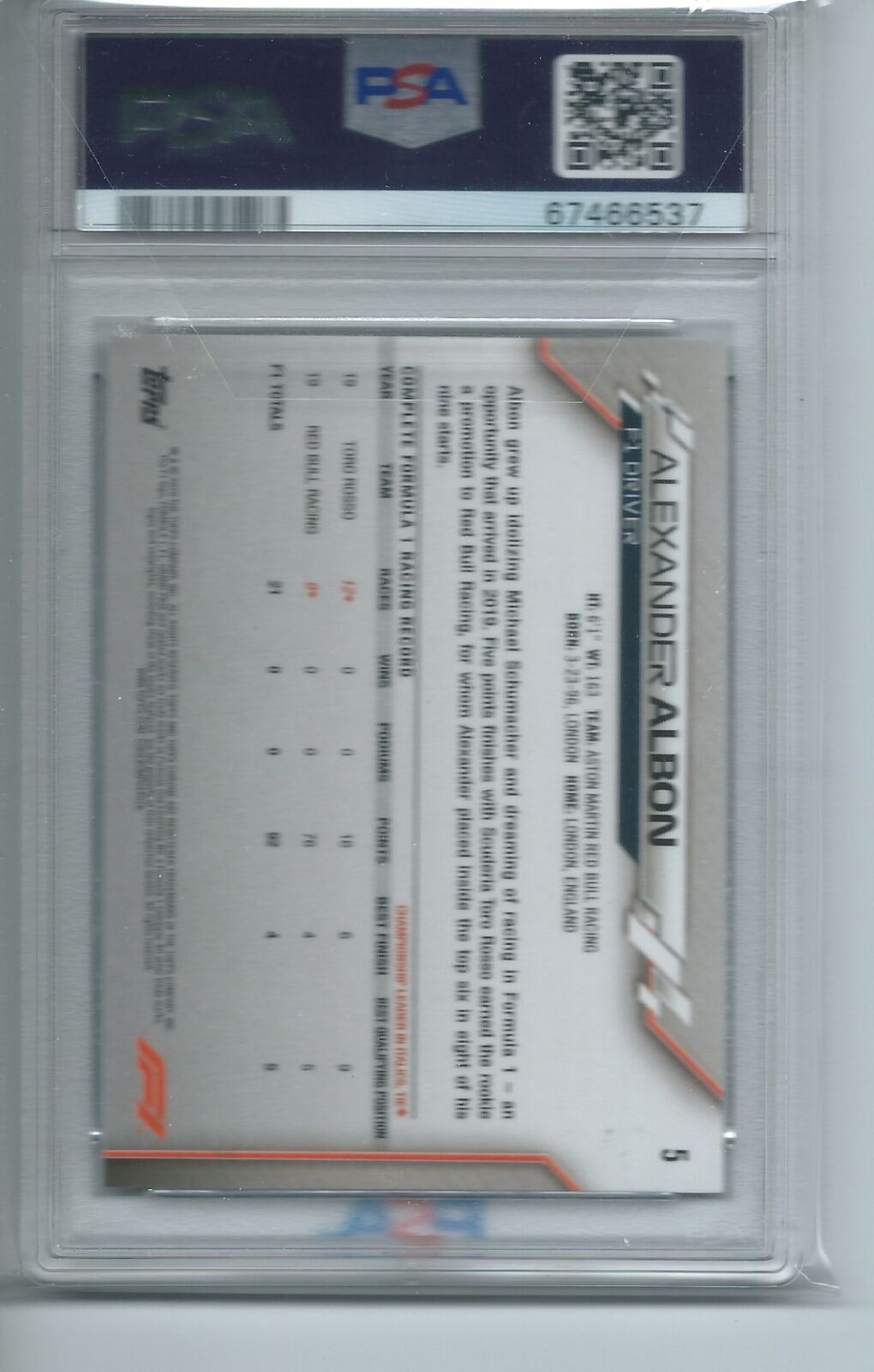 ALEXANDER ALBON 2020 TOPPS CHROME FORMULA 1 F1 PORTRAIT RC #5 PSA 10 GEM MINT