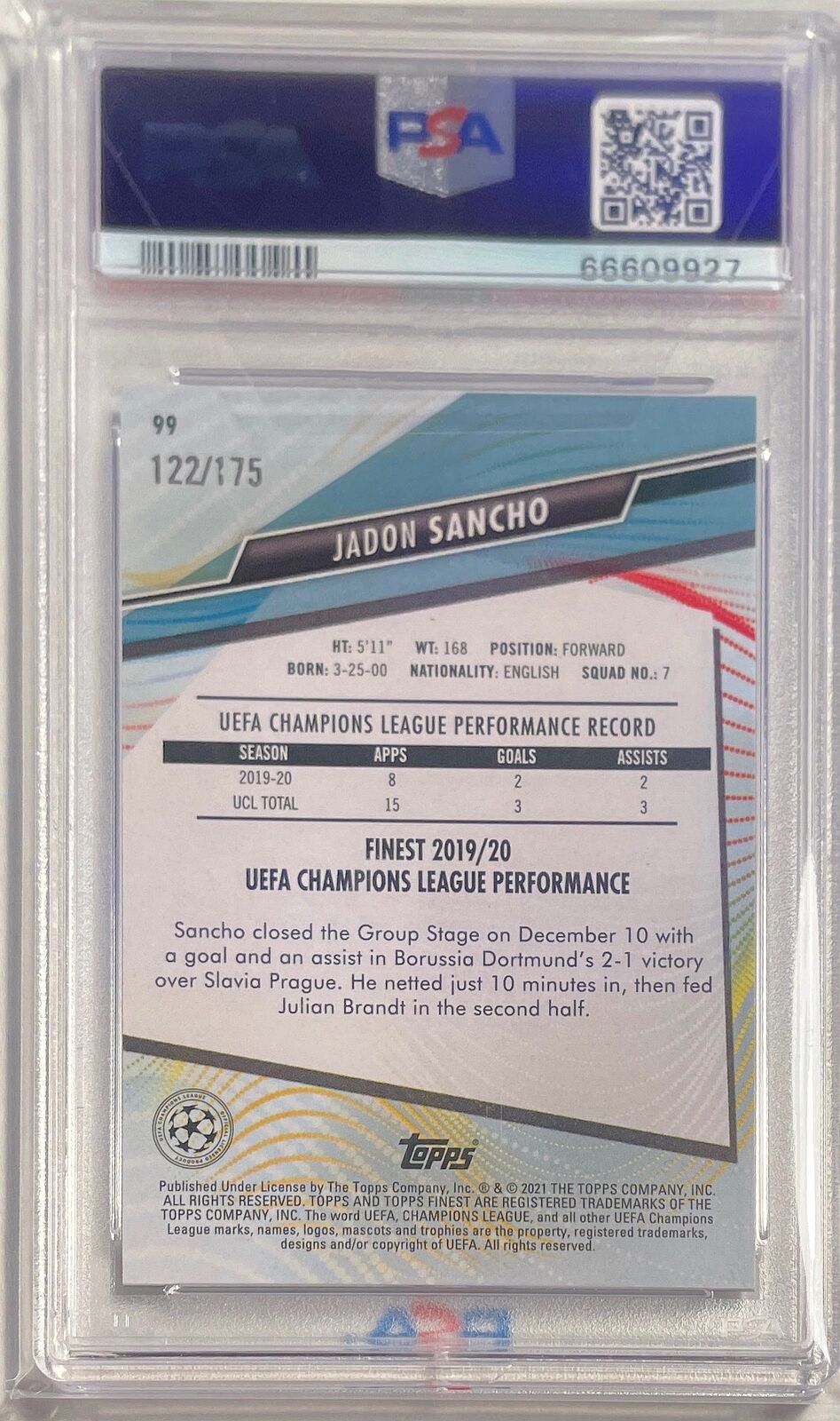 JADON SANCHO 2020-21 TOPPS FINEST UCL SPECKLE REFRACTOR #D 122/175 PSA 9 POP 1/1