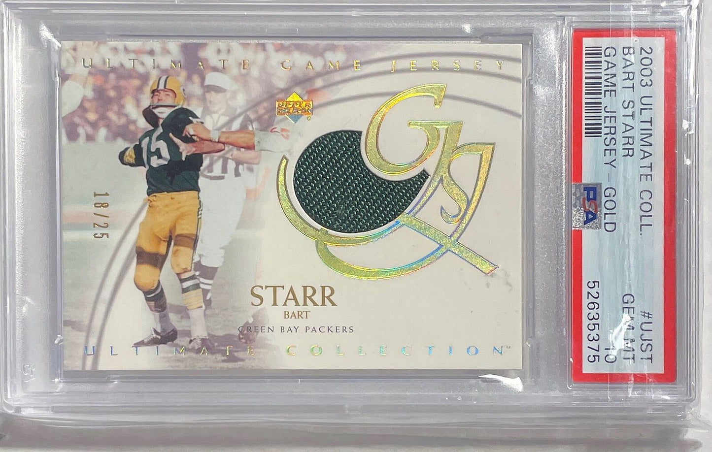 BART STARR 2003 ULTIMATE COLLECTION GAME USED JERSEY GOLD #D 18/25 PSA 10 POP 2