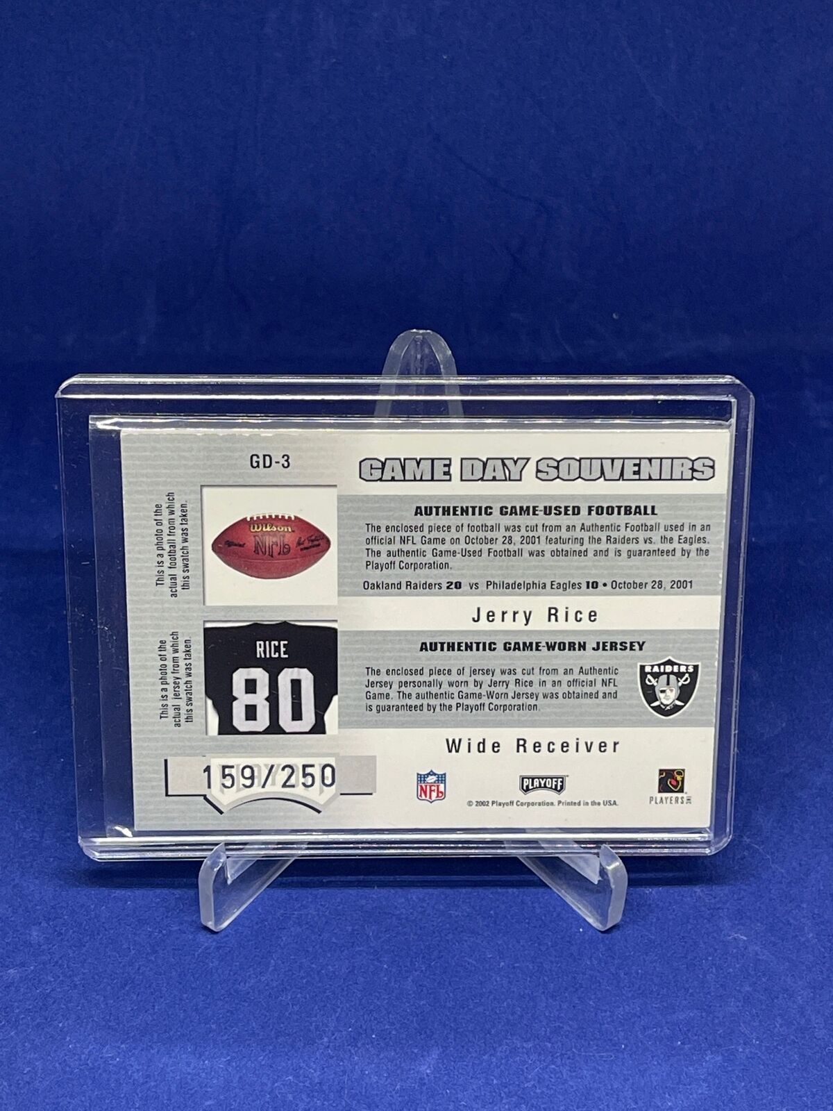 JERRY RICE 2002 PLAYOFF HONORS GAME DAY SOUVENIRS JERSEY BALL RELIC #D 159/250
