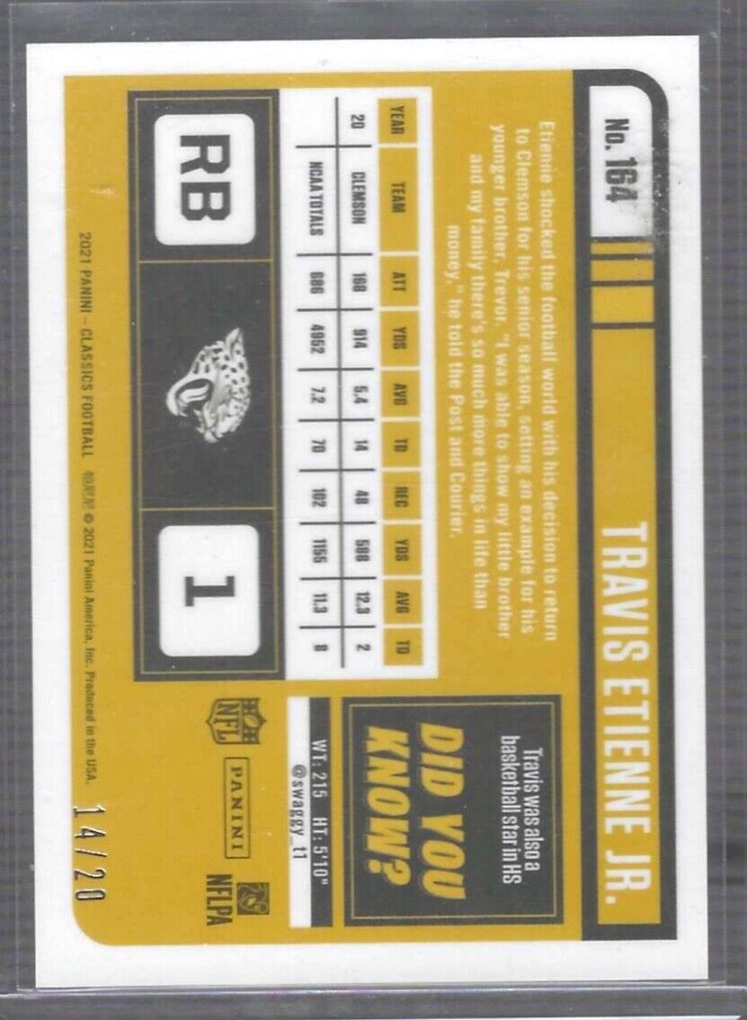 TRAVIS ETIENNE JR 2021 PANINI CLASSICS TIMELESS TRIBUTES GREEN PRIZM RC #D 14/20