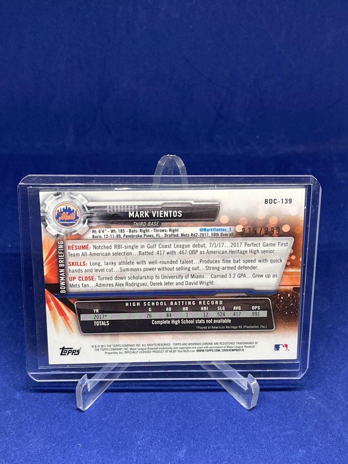 MARK VIENTOS 2017 BOWMAN CHROME 1ST SKY BLUE REFRACTOR PROSPECT #D 235/399