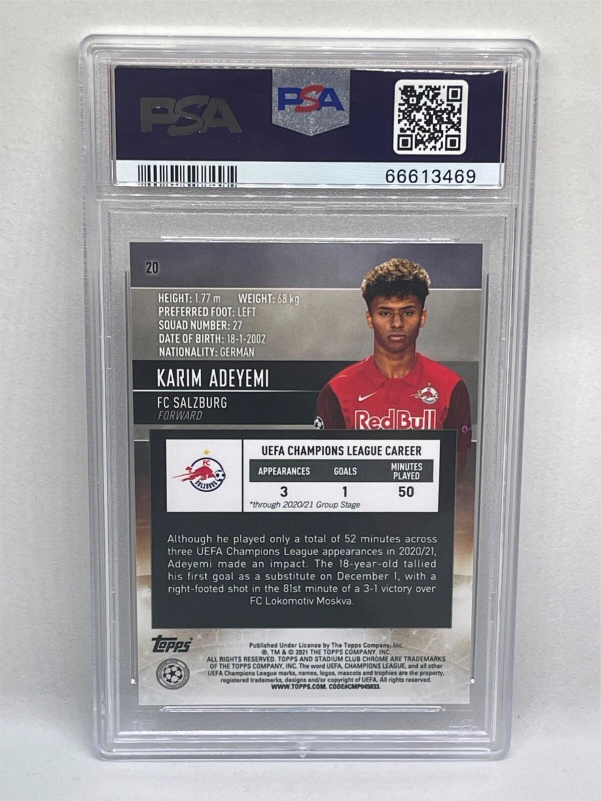 KARIM ADEYEMI 2020-21 TOPPS STADIUM CLUB CHROME UCL #20 ROOKIE RC PSA 10 GEM MT