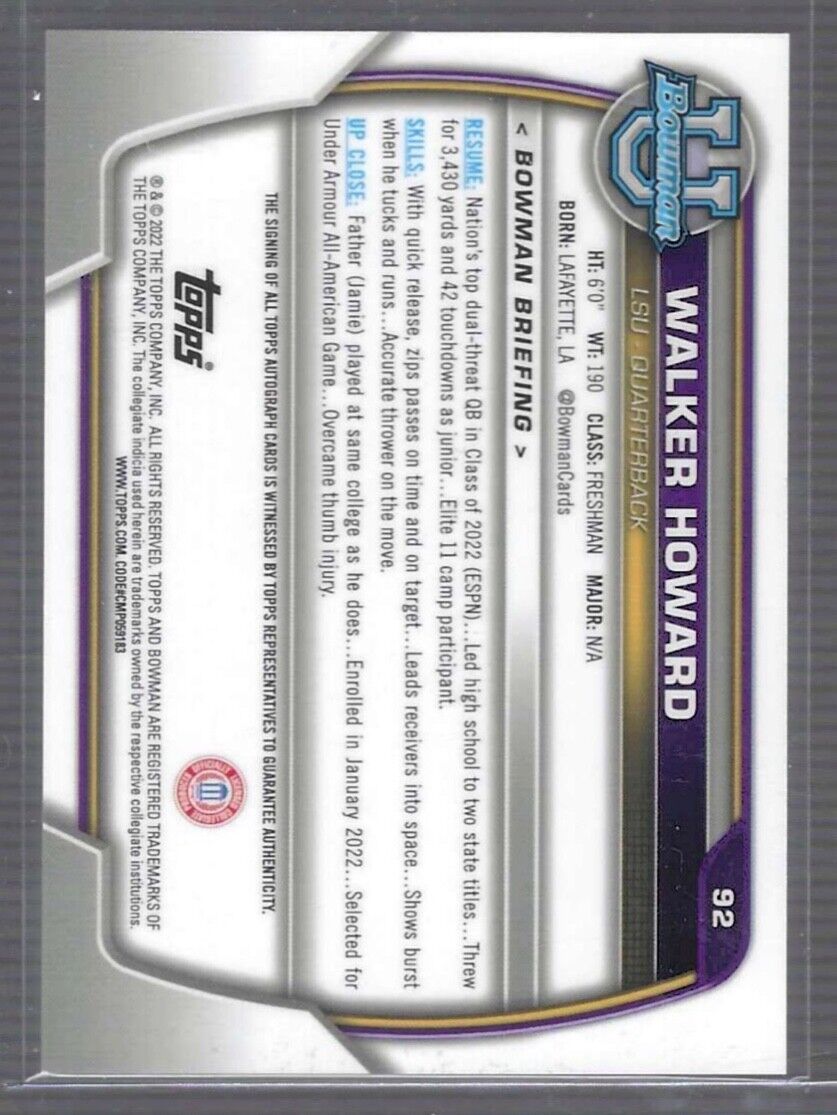 WALKER HOWARD 2022 BOWMAN UNIVERSITY CHROME 1ST PROSPECT AUTO #92
