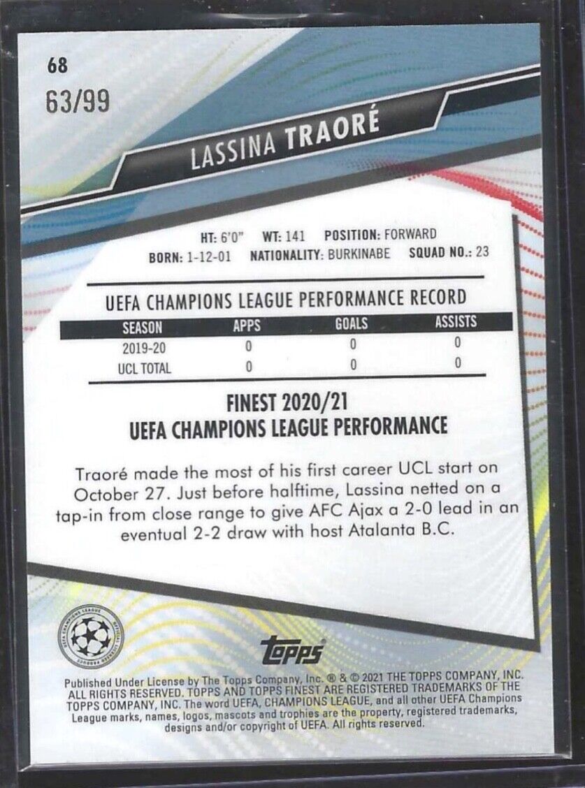 LASSINA TRAORE 2020-21 TOPPS FINEST GREEN REFRACTOR ROOKIE RC #D 63/99