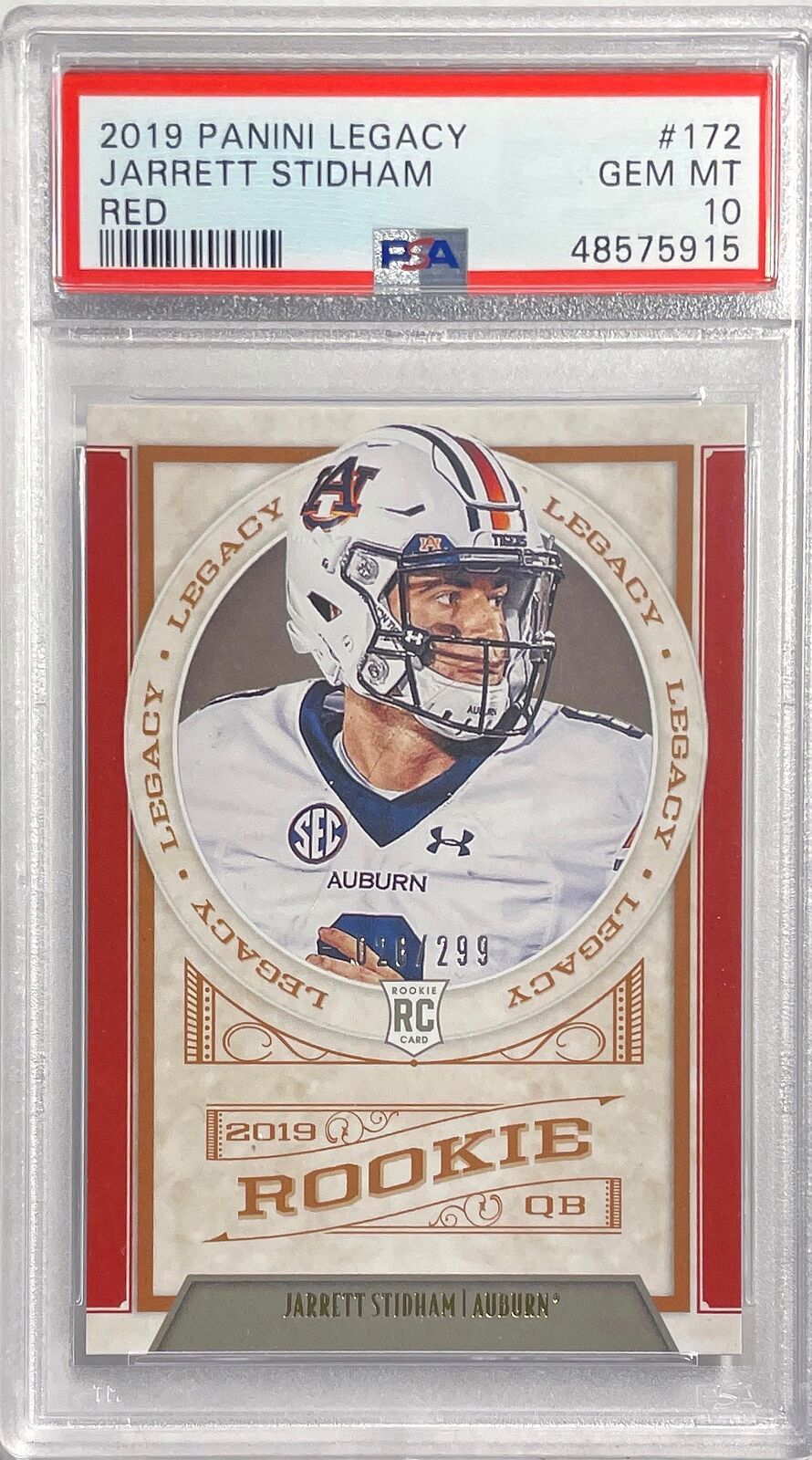 JARRETT STIDHAM 2019 PANINI LEGACY RED ROOKIE RC #D 026/299 PSA 10 POP 4