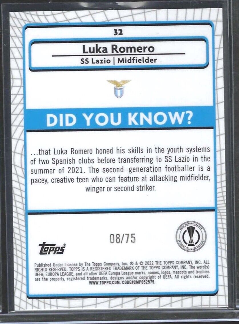 LUKA ROMERO 2021-22 TOPPS MERLIN UEFA BLUE REFRACTOR ROOKIE RC #D 08/75