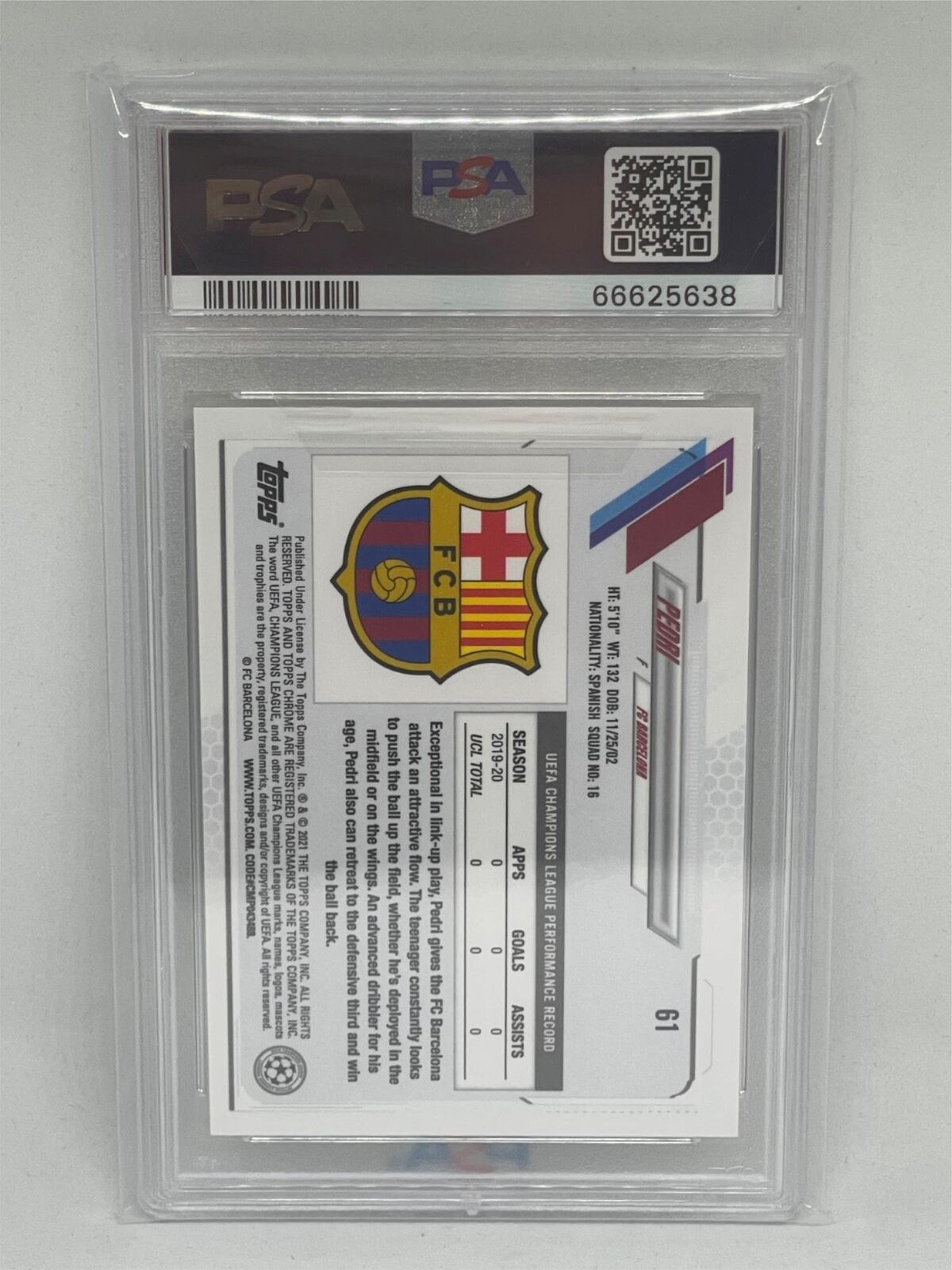 PEDRI 2020 TOPPS CHROME UEFA CHAMPIONS LEAGUE #61 ROOKIE RC PSA 10 GEM MINT
