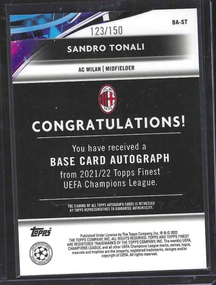 SANDRO TONALI 2021-22 TOPPS FINEST BLUE REFRACTOR AUTO #D 123/150