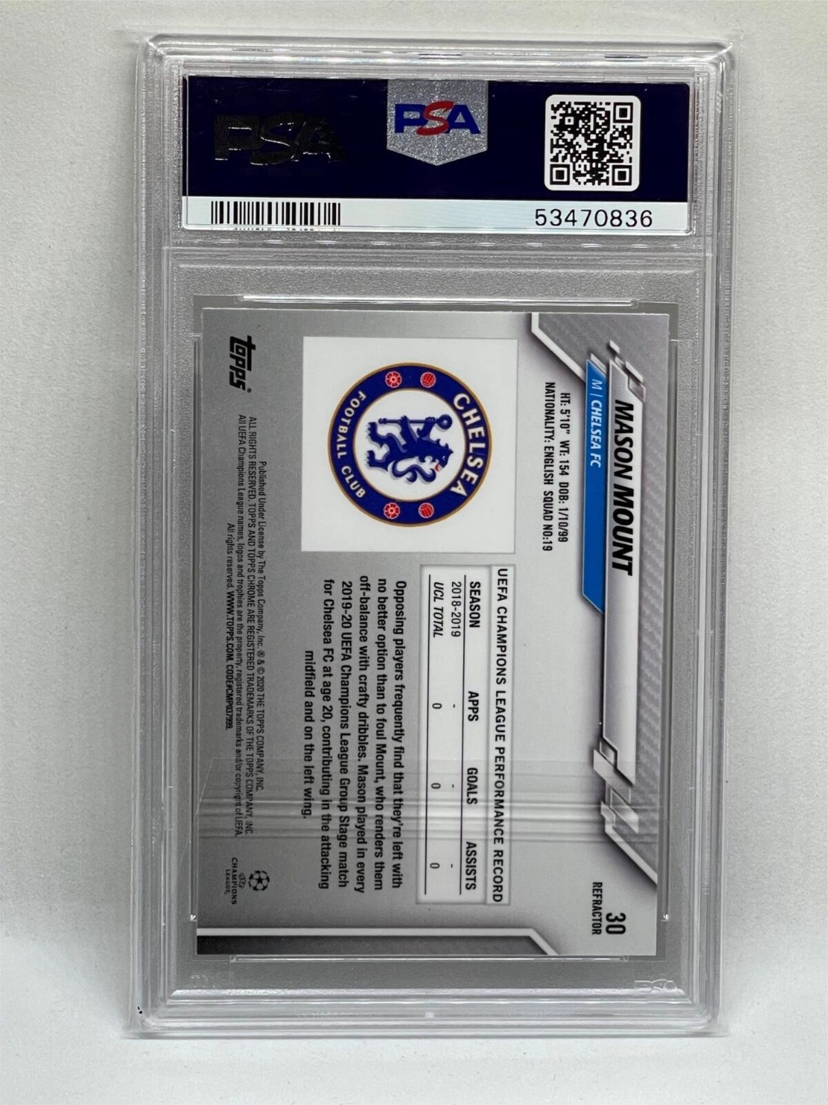 MASON MOUNT 2019 TOPPS CHROME UCL REFRACTOR #30 ROOKIE RC PSA 9 MINT