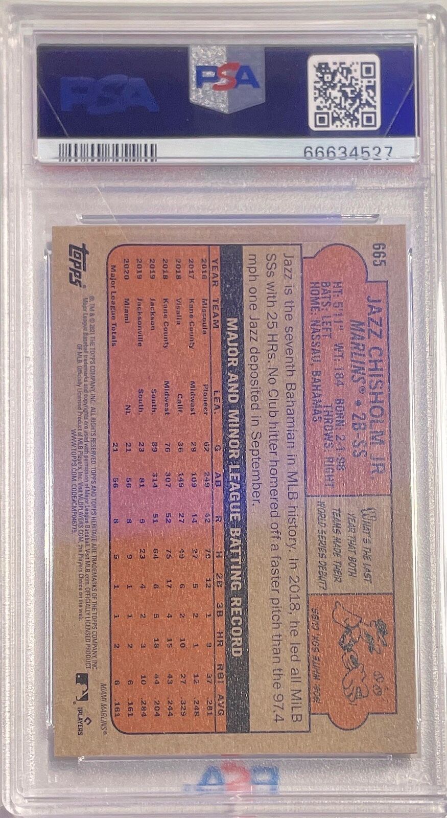 JAZZ CHISHOLM JR. 2021 TOPPS HERITAGE ROOKIE RC #665 PSA 10 GEM MINT POP 14