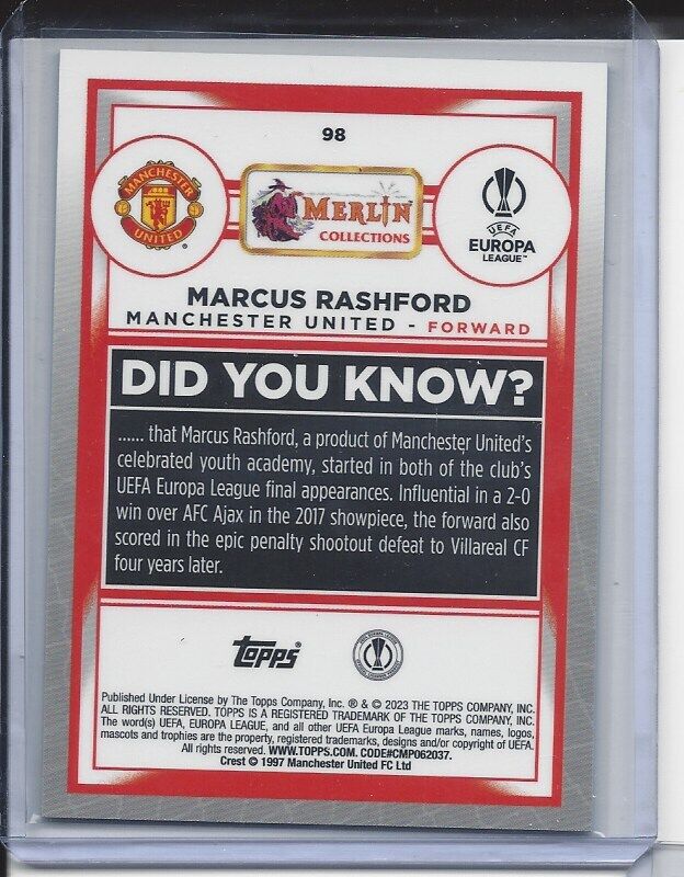 MARCUS RASHFORD 2022-23 TOPPS MERLIN CHROME AQUA REFRACTOR #D 60/199