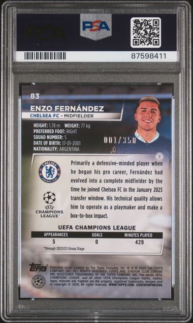 ENZO FERNANDEZ 2022-23 STADIUM CLUB CHROME BLACK WHITE PRISM RC #D 1/350 PSA 10