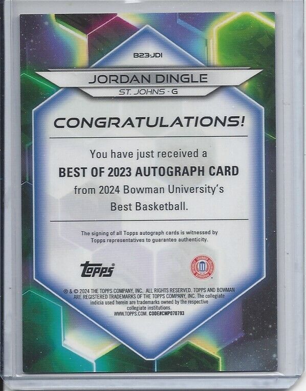 JORDAN DINGLE 2023 BOWMAN'S BEST UNIVERSITY GOLD GEOMETRIC REFRACTOR AUTO /50