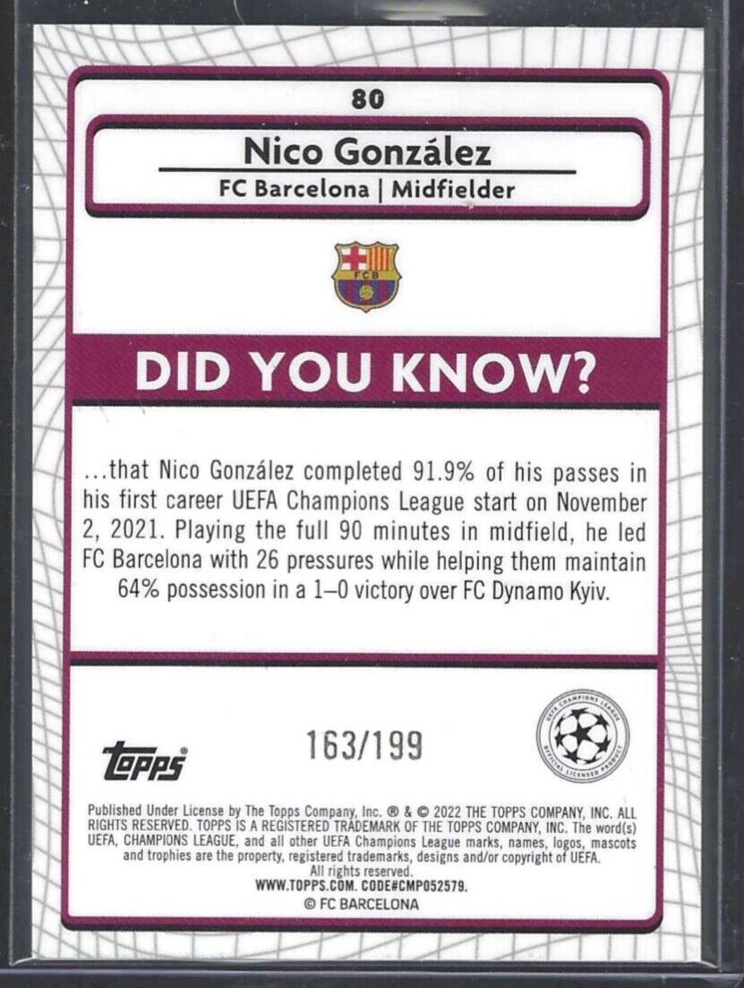 NICO GONZALEZ 2021-22 TOPPS MERLIN AQUA SPECKLE REFRACTOR ROOKIE RC #D 163/199