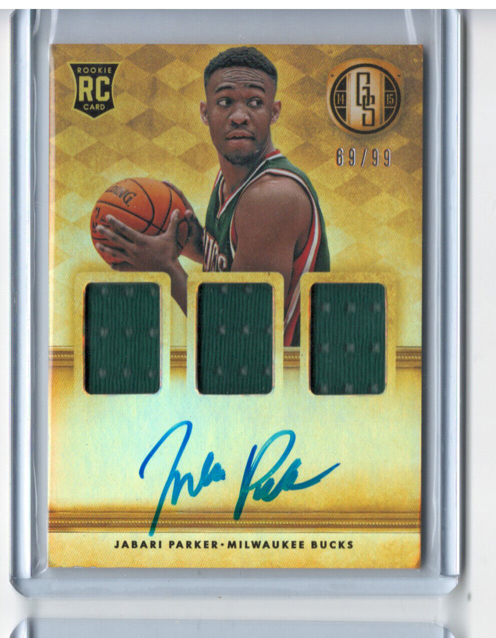 JABARI PARKER 2014-15 PANINI GOLD STANDARD TRIPLE JERSEY ON CARD AUTO RC #D /99