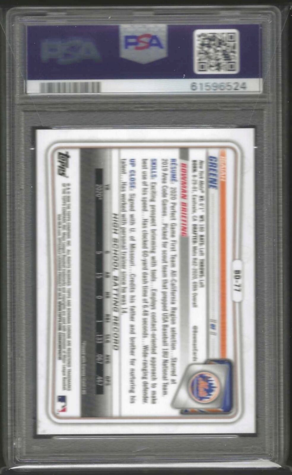 ISAIAH GREENE 2020 BOWMAN CHROME PURPLE REFRACTOR 1ST PROSPECT /250 PSA 9 POP 2