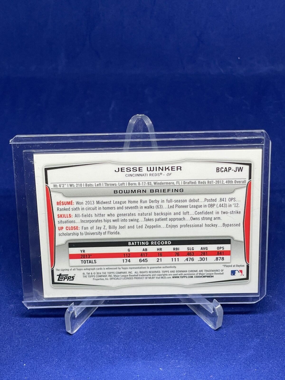JESSE WINKER 2014 BOWMAN CHROME ON CARD AUTO PROSPECT