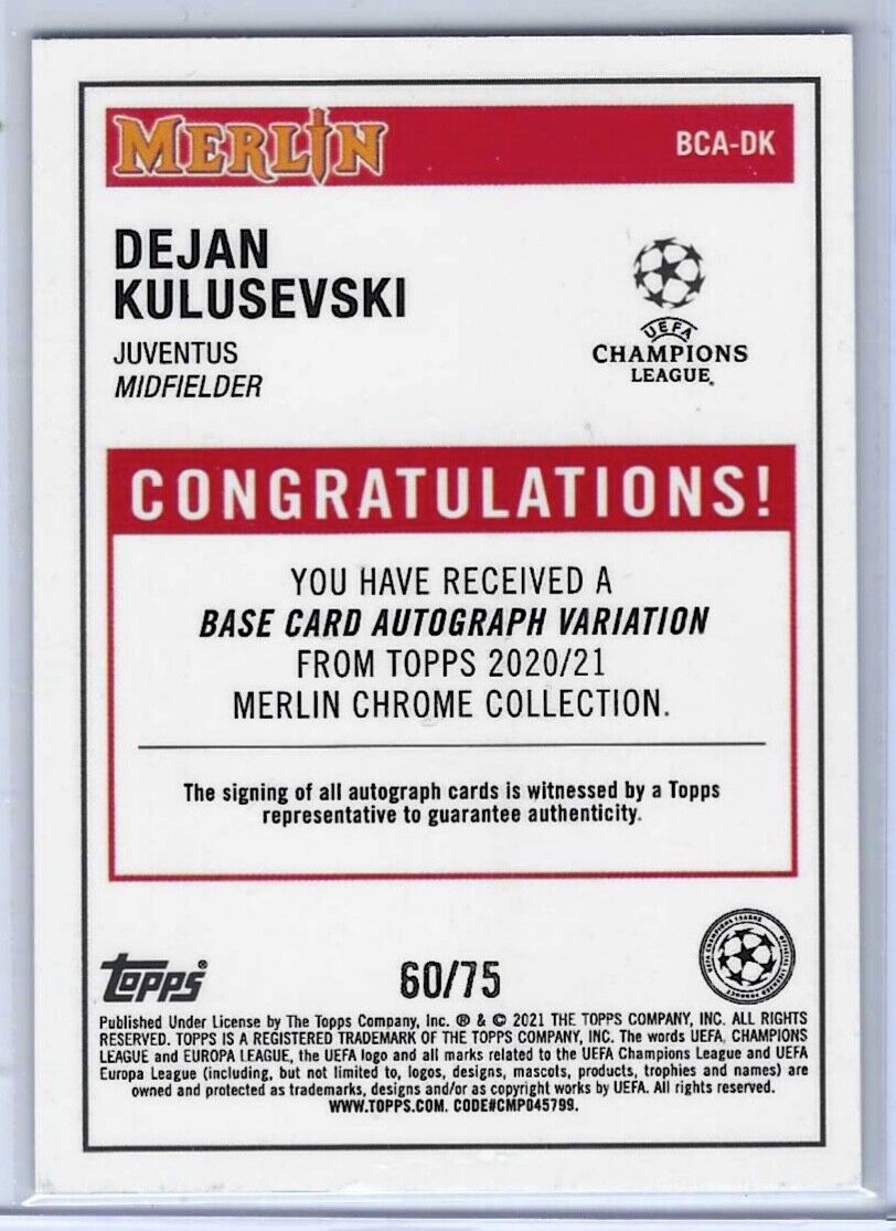DEJAN KULUSEVSKI 2020-21 TOPPS MERLIN CHROME BLUE REFRACTOR AUTO #D 60/75