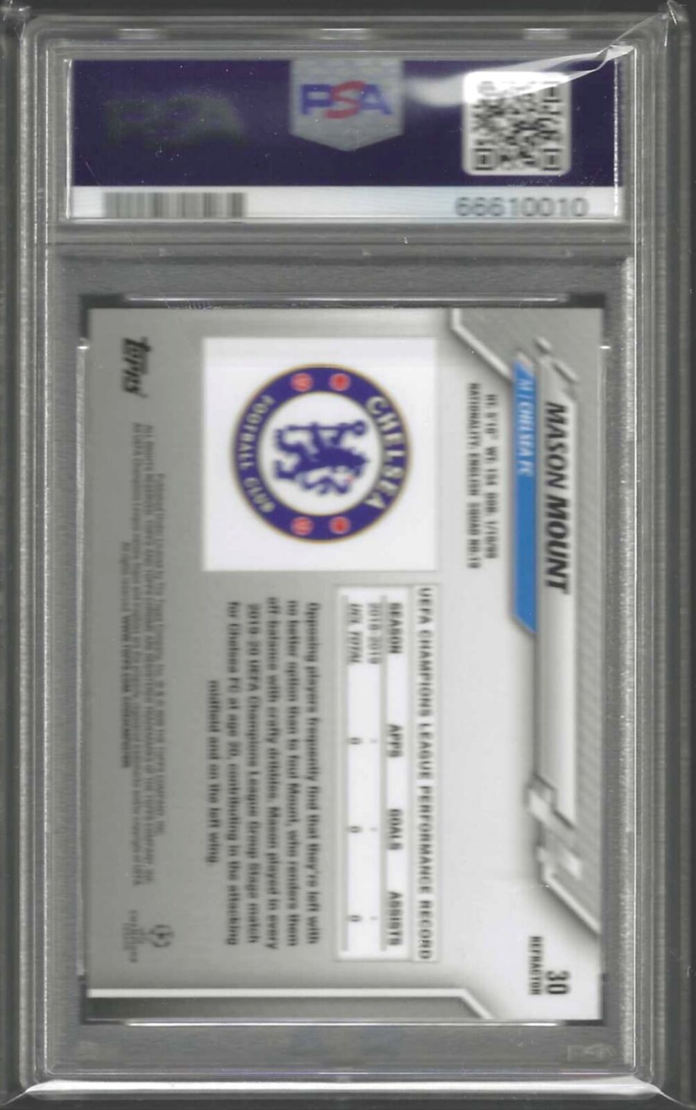 MASON MOUNT 2019-20 TOPPS CHROME UCL SILVER REFRACTOR RC #30 PSA 10 GEM MINT