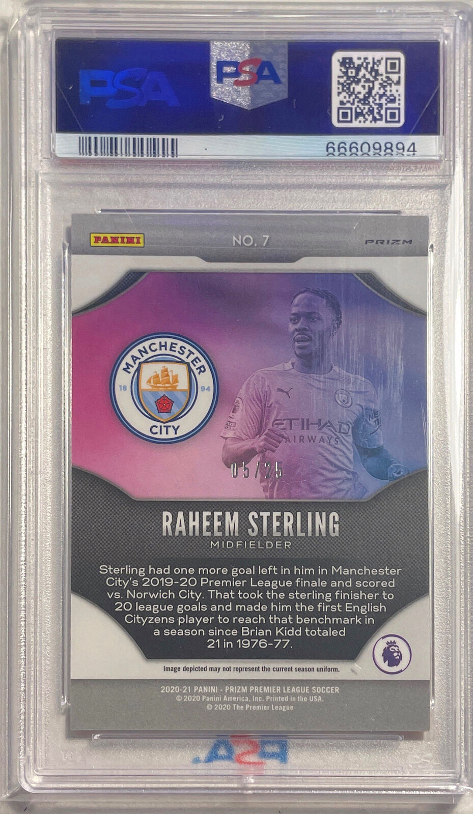 RAHEEM STERLING 2020-21 PANINI PRIZM EPL FIREWORKS ORANGE PRIZM /25 PSA 10 POP 2