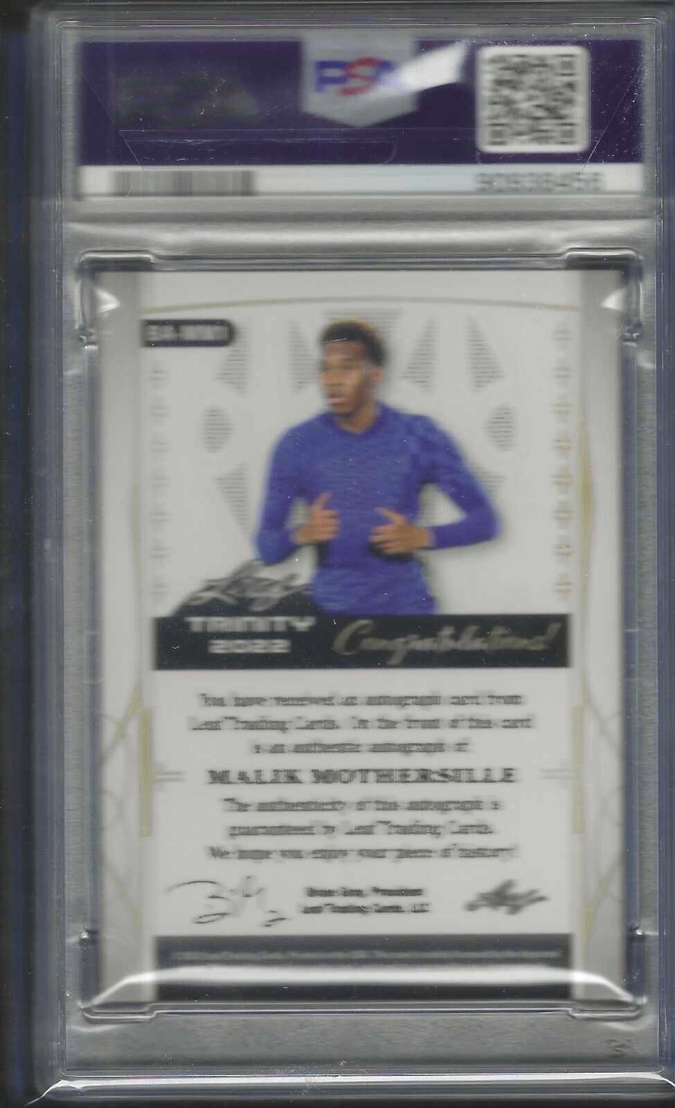 MALIK MOTHERSILLE 2022 LEAF TRINITY GOLD FOIL AUTO RC /50 PSA 10 GEM POP 1/1