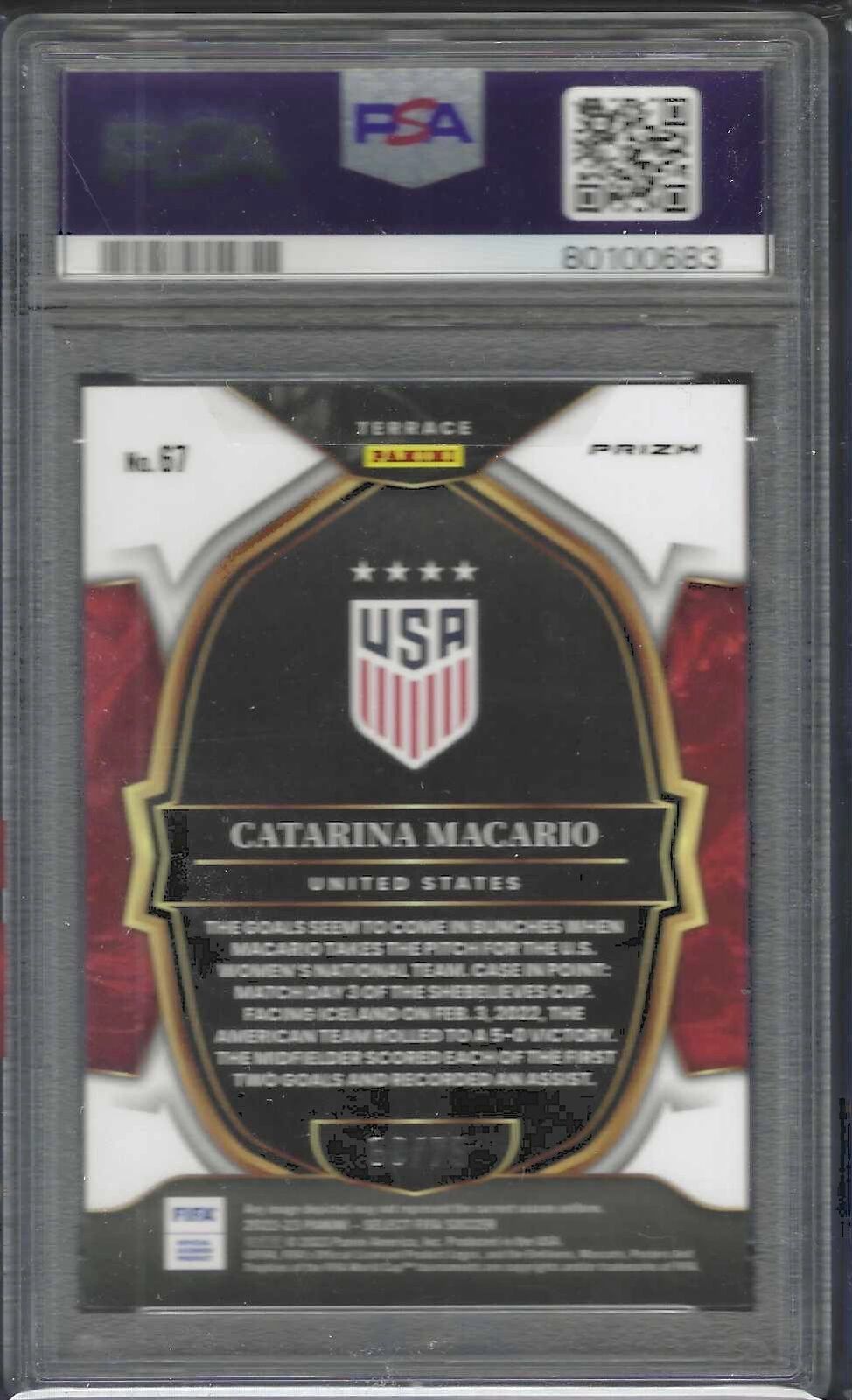 CATARINA MACARIO 2022-23 PANINI SELECT FIFA PURPLE PRIZM RC /75 PSA 9 MINT POP 2