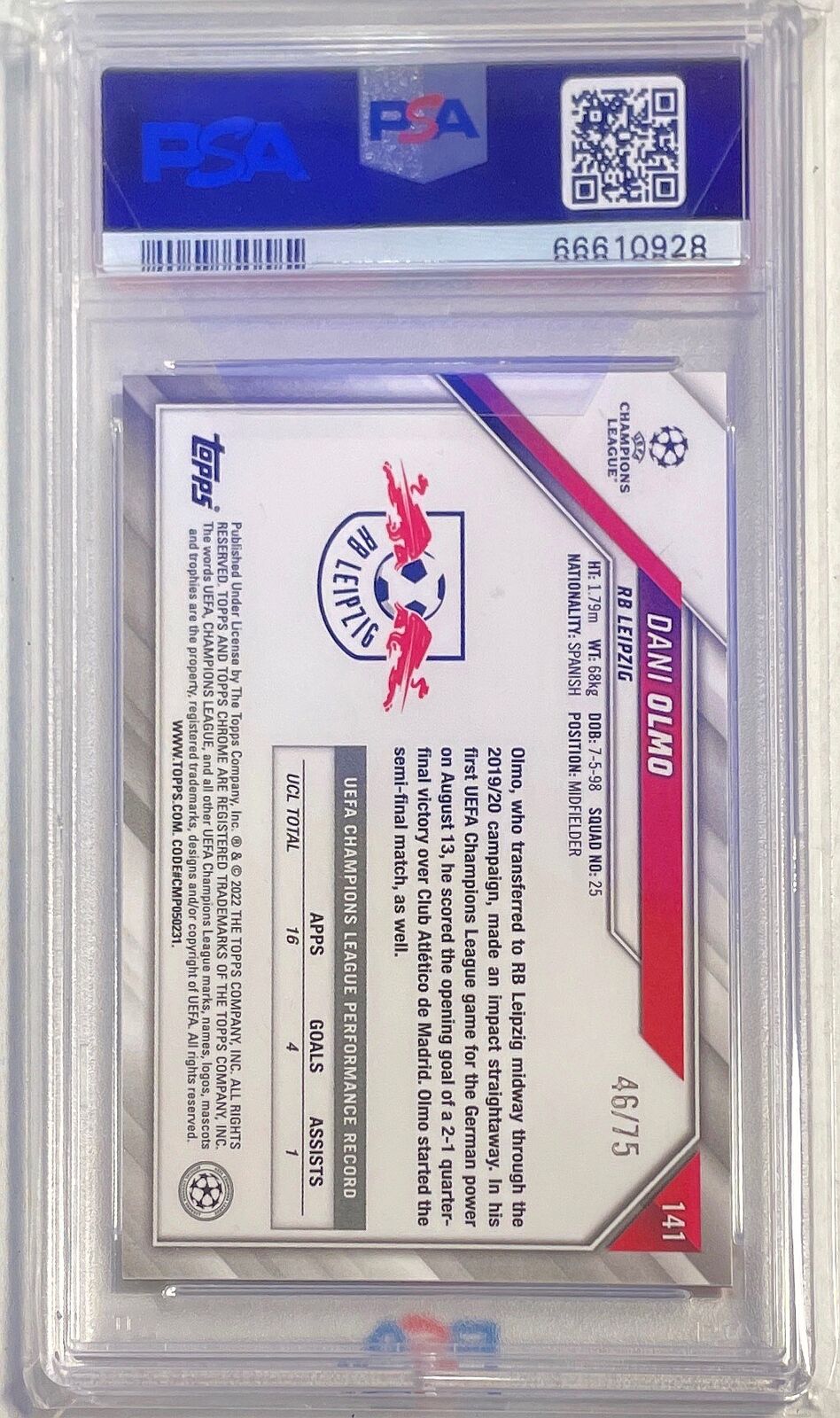 DANI OLMO 2021-22 TOPPS CHROME BLUE & GOLD STARBALL REFRACTOR /75 PSA 10 POP 1/1