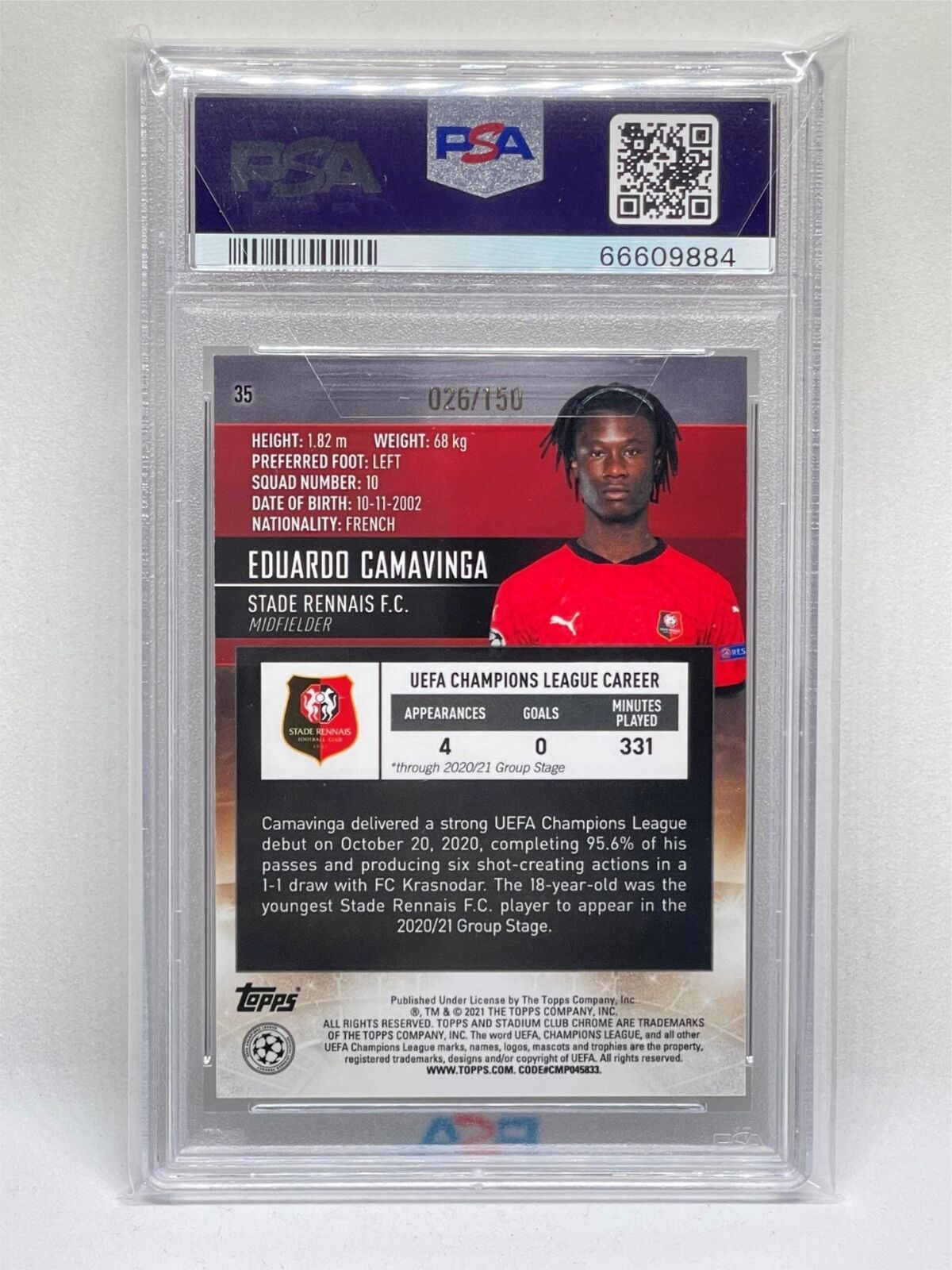 EDUARDO CAMAVINGA 2020-21 STADIUM CLUB CHROME AQUA GREEN REFRACTOR RC /150 PSA 9