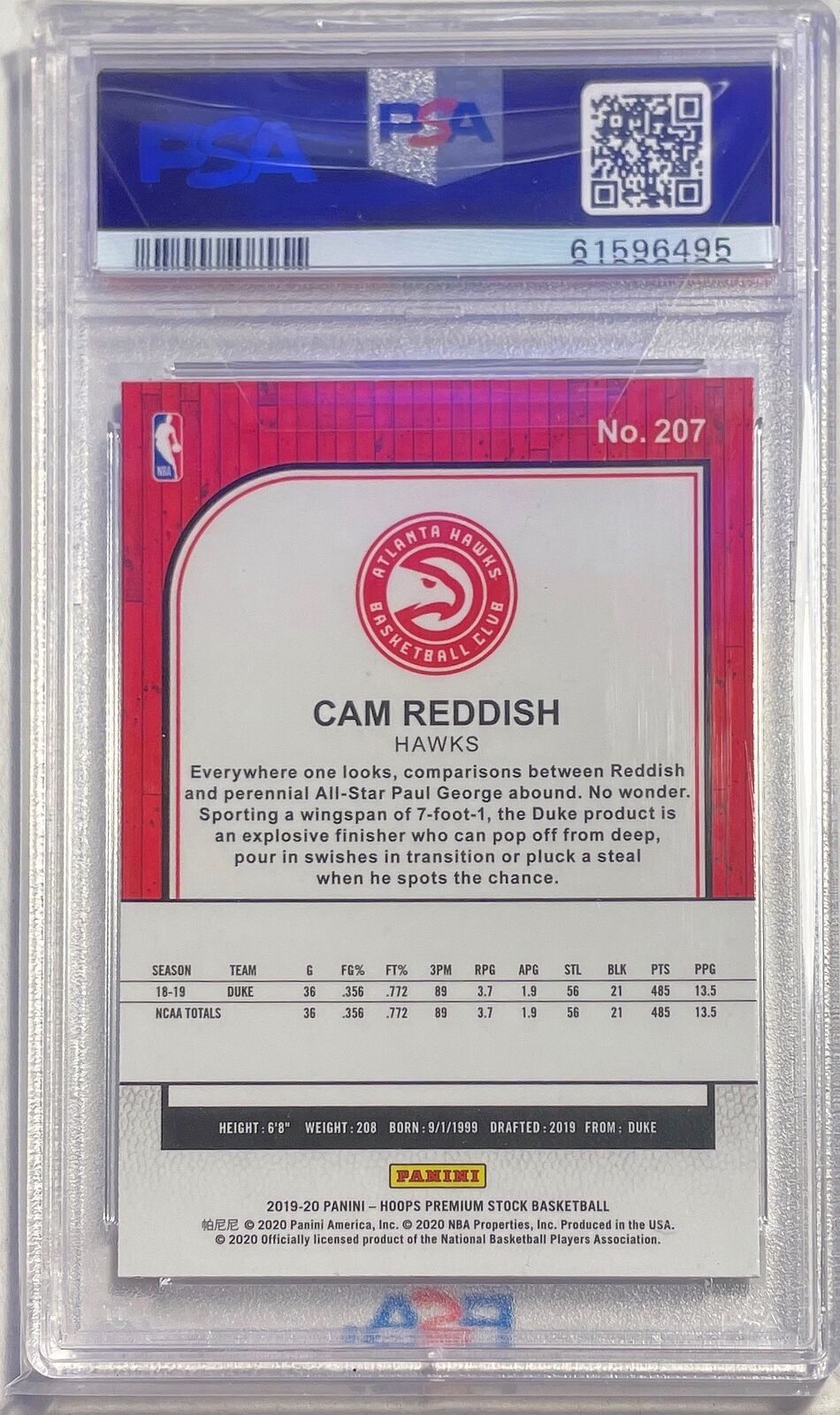 CAM REDDISH 2019-20 NBA HOOPS PREMIUM STOCK SP ROOKIE RC #207 PSA 9 MINT POP 22